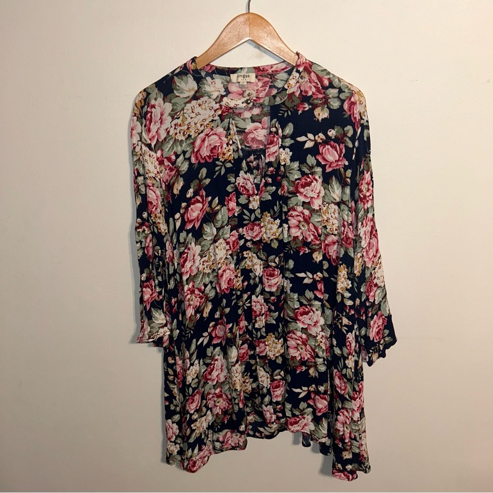 Umgee Navy Floral Trapeze Swing Cut Bell Sleeve Dress / Tunic Size L Large - Picture 3 of 14